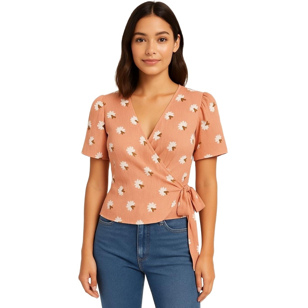 LUSH Peach Wrap Short Sleeve Double Lined Floral Blouse‎ Womens Large